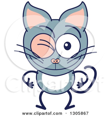 Clipart of a Cartoon Gray Cat Character Winking - Royalty Free Vector Illustration by Zooco
