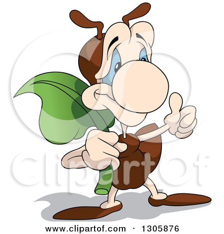 Clipart of a Cartoon Happy Ant Carrying a Leaf and Giving a Thumb up - Royalty Free Vector Illustration by dero