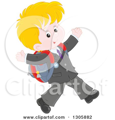 Clipart of a Happy Blond Caucasian School Boy Walking to School - Royalty Free Vector Illustration by Alex Bannykh