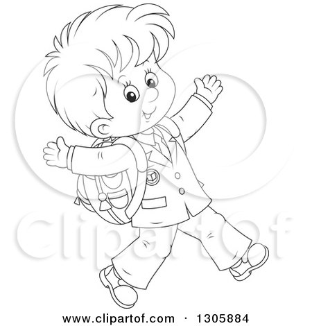 Lineart Clipart of a Cartoon Black and White Happy School Boy Walking to  School - Royalty Free Outline Vector Illustration by Alex Bannykh #1305884