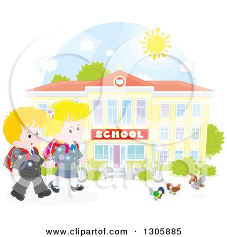 Clipart of Happy Blond Caucasian School Children Holding Hands and Approaching Birds Outside a School Building - Royalty Free Vector Illustration by Alex Bannykh