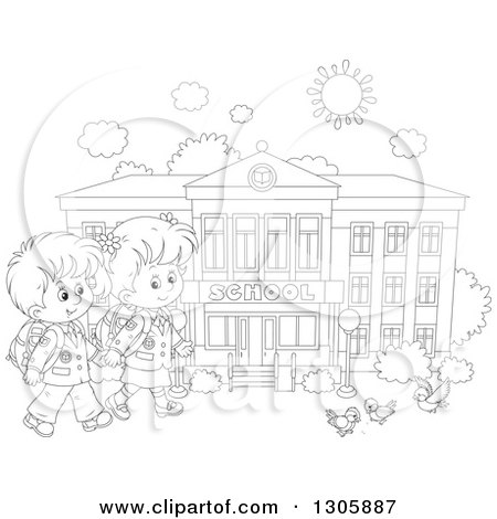 Lineart Clipart of Black and White Cartoon Happy School Children Holding Hands and Approaching Birds Outside a School Building - Royalty Free Outline Vector Illustration by Alex Bannykh