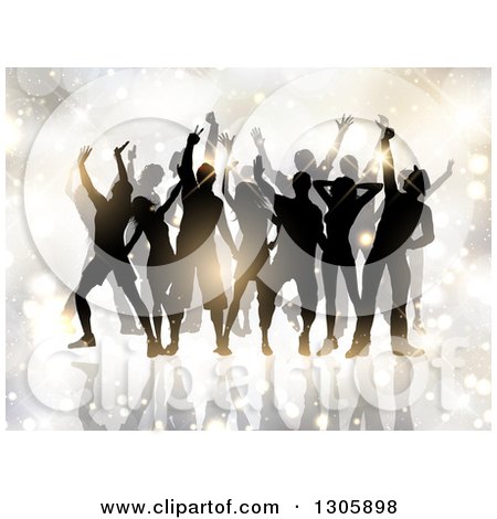 Clipart of a Crowd of Silhouetted Male and Female Dancers Against Flares and Sparkles - Royalty Free Vector Illustration by KJ Pargeter