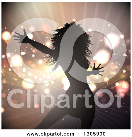 Clipart of a Silhouetted Female Pop Star Celebrity Dancing over Flares and a Burst of Light - Royalty Free Vector Illustration by KJ Pargeter