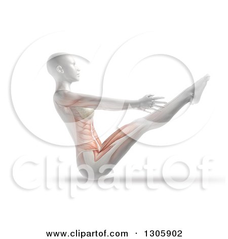 Clipart of a 3d Anatomical Woman Stretching in a Yoga Pose, with Visible Muscles, on White - Royalty Free Illustration by KJ Pargeter