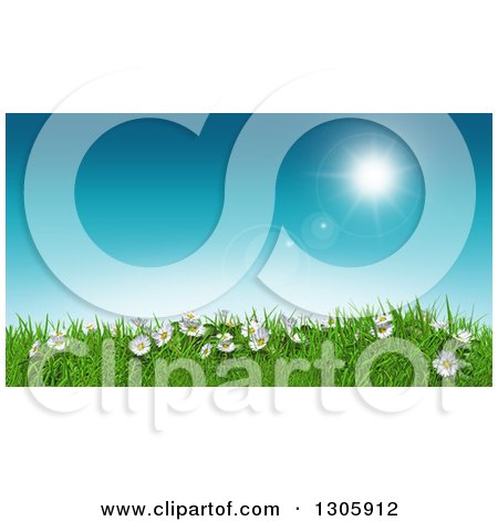 Clipart of a 3d Sunny Spring Day Background with Blue Sky, Daisies and Grass - Royalty Free Illustration by KJ Pargeter