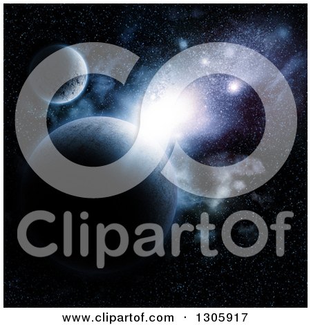 Clipart of a 3d Outer Space Background of a Nebula, Flare of Light and Fictional Planets - Royalty Free Illustration by KJ Pargeter
