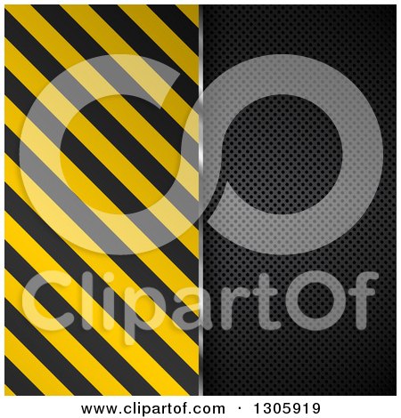 Clipart of a Split Diagonal Hazard Stripes and Black Perforated Metal Background - Royalty Free Vector Illustration by KJ Pargeter