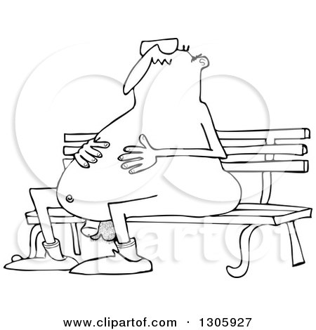 Lineart Clipart of a Cartoon Black and White Chubby Nude Man Wearing Sunglasses and Sitting on a Park Bench - Royalty Free Outline Vector Illustration by djart
