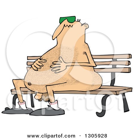 Clipart of a Cartoon Chubby Hairy Nude White Man Wearing Sunglasses and Sitting on a Park Bench - Royalty Free Vector Illustration by djart