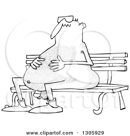 Lineart Clipart of a Cartoon Black and White Chubby Hairy Nude Man Wearing Sunglasses and Sitting on a Park Bench - Royalty Free Outline Vector Illustration by djart