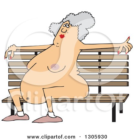 Clipart of a Cartoon Chubby Nude Senior White Woman Sitting on a Park Bench - Royalty Free Vector Illustration by djart