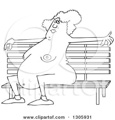 Lineart Clipart of a Cartoon Black and White Chubby Nude Woman Sitting on a Park Bench - Royalty Free Outline Vector Illustration by djart