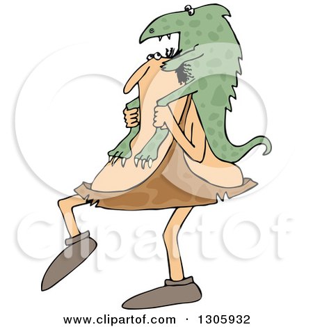 Clipart of a Cartoon Chubby Caveman Carrying a Giant Lizard on His Shoulders - Royalty Free Vector Illustration by djart