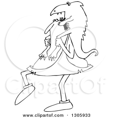 Lineart Clipart of a Cartoon Chubby Black and White Caveman Carrying a Giant Lizard on His Shoulders - Royalty Free Outline Vector Illustration by djart