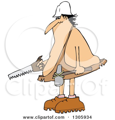 Clipart of a Cartoon Chubby Caveman Worker Holding a Hammer and Saw - Royalty Free Vector Illustration by djart