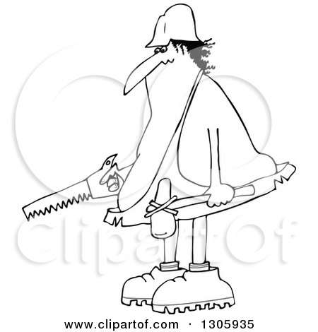 Lineart Clipart of a Cartoon Black and White Chubby Caveman Worker Holding a Hammer and Saw - Royalty Free Outline Vector Illustration by djart