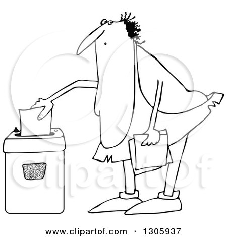 Lineart Clipart of a Cartoon Black and White Chubby Caveman Shredding Documents - Royalty Free Outline Vector Illustration by djart