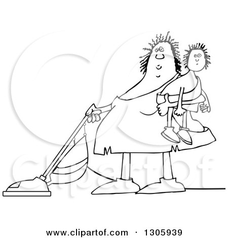 Lineart Clipart of a Cartoon Black and White Chubby Cavewoman Holding Her Son and Vacuuming - Royalty Free Outline Vector Illustration by djart