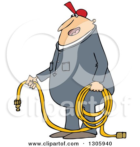 Clipart of a Cartoon Chubby White Worker Man Holding an Air Hose - Royalty Free Vector Illustration by djart
