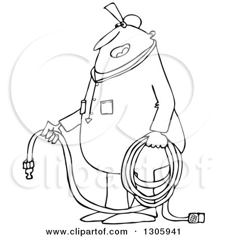 Lineart Clipart of a Cartoon Black and White Chubby Worker Man Holding an Air Hose - Royalty Free Outline Vector Illustration by djart