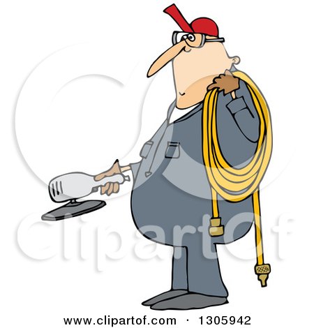 Clipart of a Cartoon Chubby White Worker Man Holding a Grinder and an Air Hose - Royalty Free Vector Illustration by djart