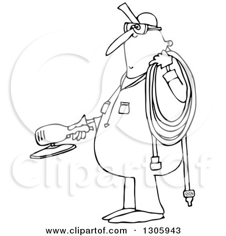 Lineart Clipart of a Cartoon Black and White Chubby Worker Man Holding a Grinder and an Air Hose - Royalty Free Outline Vector Illustration by djart