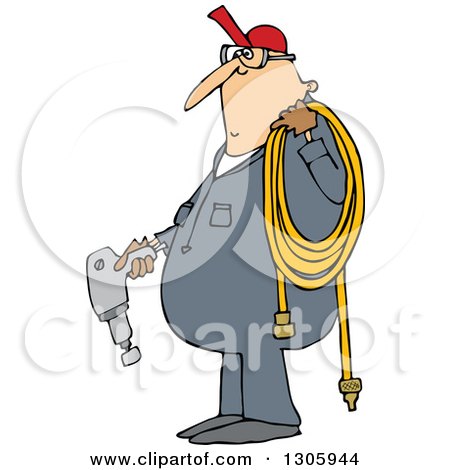 Clipart of a Cartoon Chubby White Worker Man Holding an Impact Tool and Air Hose - Royalty Free Vector Illustration by djart