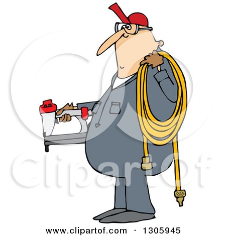 Clipart of a Cartoon Chubby White Worker Man Holding a Nailer and an Air Hose - Royalty Free Vector Illustration by djart