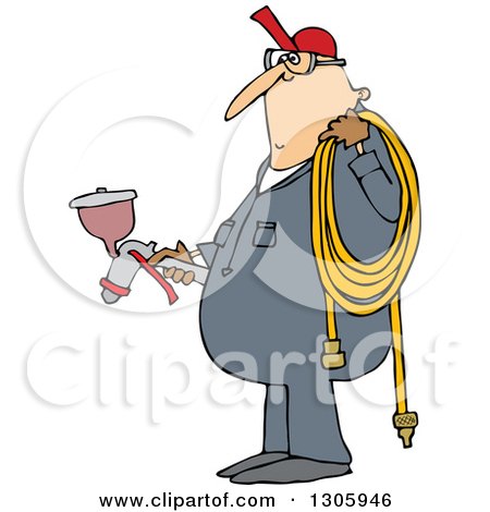 Clipart of a Cartoon Chubby White Worker Man Holding a Spray Gun and an Air Hose - Royalty Free Vector Illustration by djart