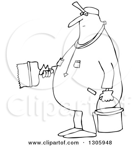 Lineart Clipart of a Cartoon Black and White Chubby Worker Man Painting - Royalty Free Outline Vector Illustration by djart