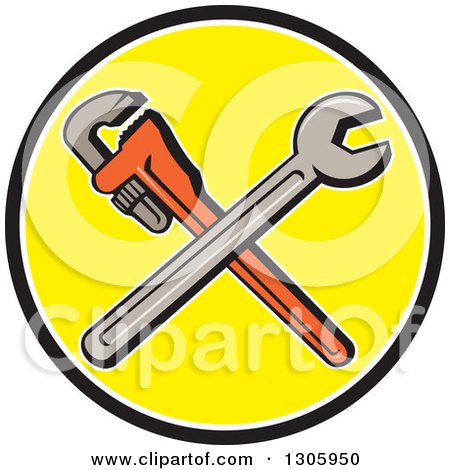 Clipart of Cartoon Crossed Spanner and Monkey Wrenches in a Black White and Yellow Circle - Royalty Free Vector Illustration by patrimonio