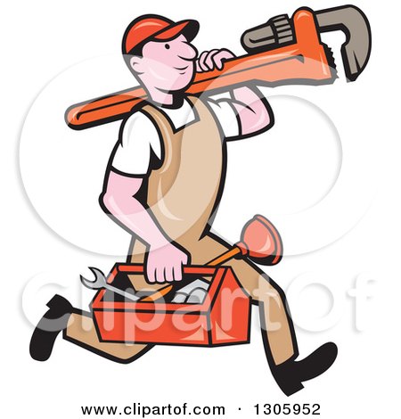Clipart of a Cartoon White Male Plumber Walking with a Tool Box and Giant Monkey Wrench on His Shoulder - Royalty Free Vector Illustration by patrimonio