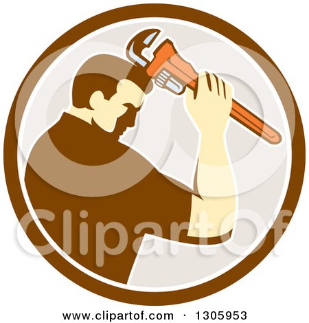 Clipart of a Retro Male Plumber Bowing and Holding a Monkey Wrench to His Head in a Brown White and Beige Circle - Royalty Free Vector Illustration by patrimonio