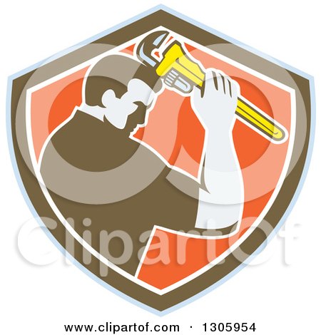 Clipart of a Retro Male Plumber Bowing and Holding a Monkey Wrench to His Head in a Blue Brown White and Orange Shield - Royalty Free Vector Illustration by patrimonio