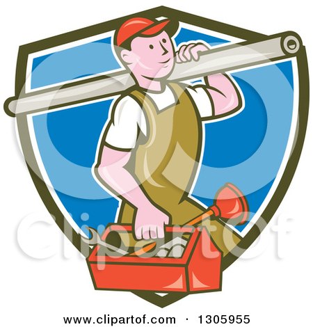 Clipart of a Retro Cartoon White Male Plumber Walking with a Tool Box and Giant Monkey Wrench on His Shoulder and Emerging from an Olive Green White and Blue Shield - Royalty Free Vector Illustration by patrimonio