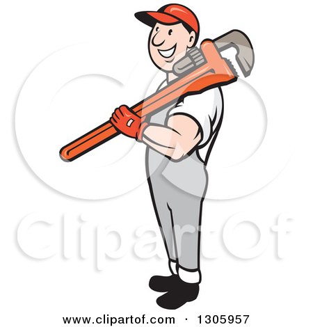Clipart of a Cartoon Happy White Male Plumber Holding a Giant Monkey Wrench over His Shoulder - Royalty Free Vector Illustration by patrimonio