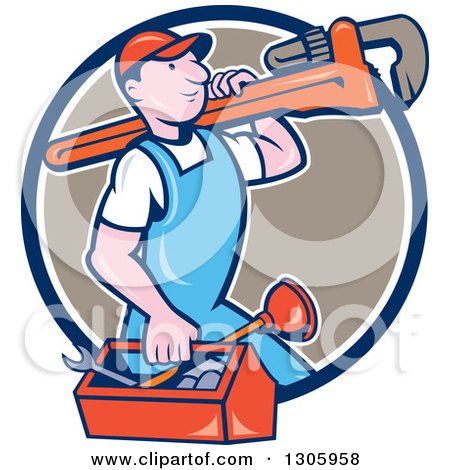 Clipart of a Cartoon White Male Plumber Walking with a Tool Box and Giant Monkey Wrench on His Shoulder and Emerging from a Blue White and Taupe Circle - Royalty Free Vector Illustration by patrimonio