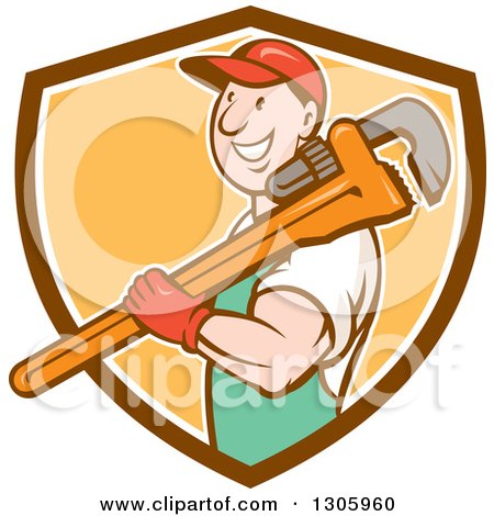 Clipart of a Retro Cartoon Happy White Male Plumber Holding a Giant Monkey Wrench over His Shoulder and Emerging from a Brown White and Orange Shield - Royalty Free Vector Illustration by patrimonio