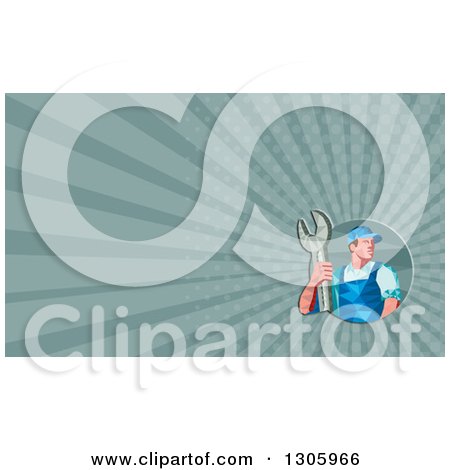 Clipart of a Retro Low Poly Male Mechanic Holding a Spanner Wrench and Rays Background or Business Card Design - Royalty Free Illustration by patrimonio