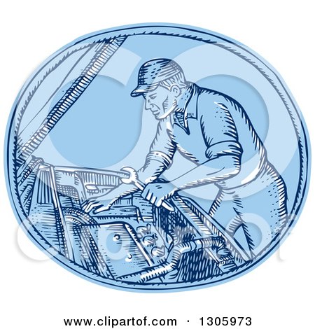 Clipart of a Blue Sketched or Engraved Mechanic Working on a Car's Engine in an Oval - Royalty Free Vector Illustration by patrimonio