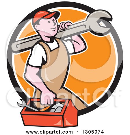 Clipart of a Cartoon Happy White Male Mechanic Carrying a Tool Box and Giant Wrench and Emerging from a Black White and Orange Circle - Royalty Free Vector Illustration by patrimonio