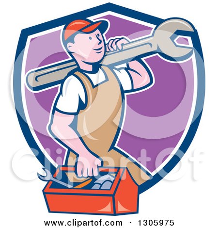 Clipart of a Retro Cartoon Happy White Male Mechanic Carrying a Tool Box and Giant Wrench and Emerging from a Blue White and Purple Shield - Royalty Free Vector Illustration by patrimonio