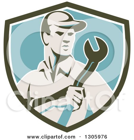 Clipart of a Retro Male Mechanic Holding a Giant Wrench in an Olive Green White and Blue Shield - Royalty Free Vector Illustration by patrimonio
