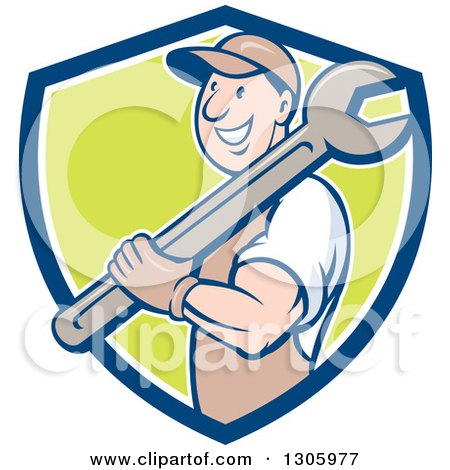 Clipart of a Retro Cartoon Happy White Male Mechanic Holding a Giant Wrench over His Shoulder and Emerging from a Blue White and Green Shield - Royalty Free Vector Illustration by patrimonio