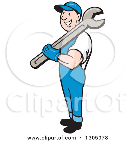 Clipart of a Cartoon Full Length Happy White Male Mechanic Holding a Giant Wrench over His Shoulder - Royalty Free Vector Illustration by patrimonio