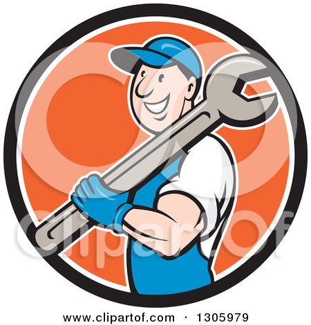 Clipart of a Cartoon Happy White Male Mechanic Holding a Giant Wrench over His Shoulder and Emerging from a Black White and Orange Circle - Royalty Free Vector Illustration by patrimonio