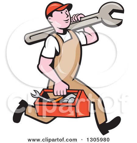 Clipart of a Cartoon Happy White Male Mechanic Running and Carrying a Tool Box and Giant Wrench - Royalty Free Vector Illustration by patrimonio