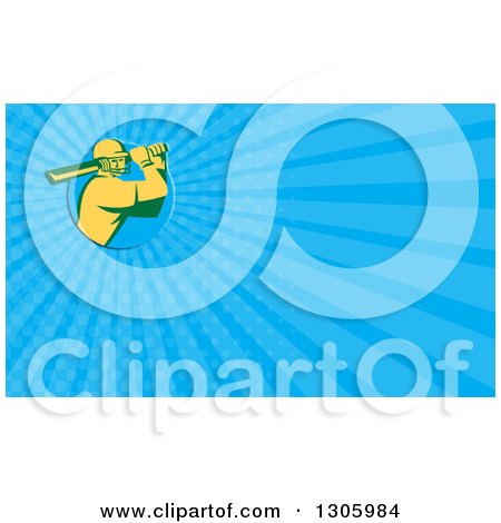 Clipart of a Retro Yellow Cricket Batsman and Blue Rays Background or Business Card Design - Royalty Free Illustration by patrimonio