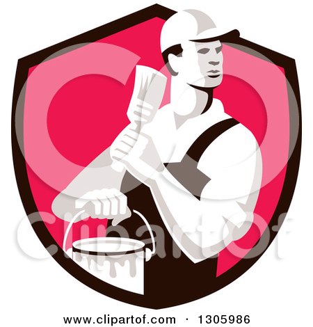 Clipart of a Retro Male House Painter Holding a Brush and Bucket, Looking Back in a Black and Pink Shield - Royalty Free Vector Illustration by patrimonio